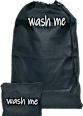 Wäschesack grau "wash me" und weißer Schrift manòu