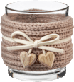 Kerzenhalter aus Glas mit Strickbordüre, Lederband & Holzherzen, braun BOLTZE
