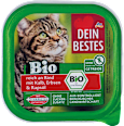Krmivo pre mačky v miske bio hovädzie a teľacie mäso, hrášok a repkový olej Dein Bestes