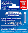Glucocheck ADVANCE Kombipackung 50 Blutzucker-Teststreifen + 10 Lanzetten Testa med