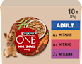 Nassfutter Hund mit Huhn, Rind, Truthahn & Lamm, Mini für kleine Rassen, Multipack (10x85 g) PURINA ONE