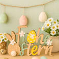Holzschriftzug "Frohe Ostern" mit Stoffblümchen, natur-mint-gelb Dekorieren & Einrichten