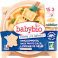 ravioli s ementálem, pyré ze sladkých brambor a francouzský kozí sýr babybio