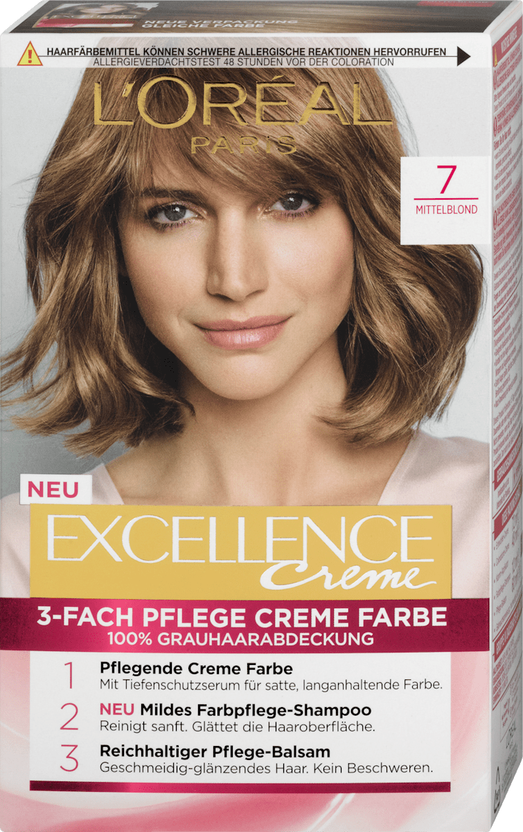 L'Oréal Paris Excellence Creme Haarfarbe – 7.1 Aschblond, 100% Weißabdeckung, Mit Dreifacher Pflege & Hyaluron