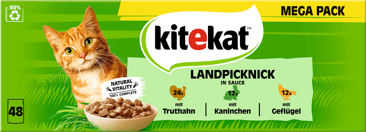 KITEKAT Portionsbeutel Nassfutter, 85g (48er Pack), Landpicknick In Sauce - Für Katzen, Ohne Konservierungsstoffe