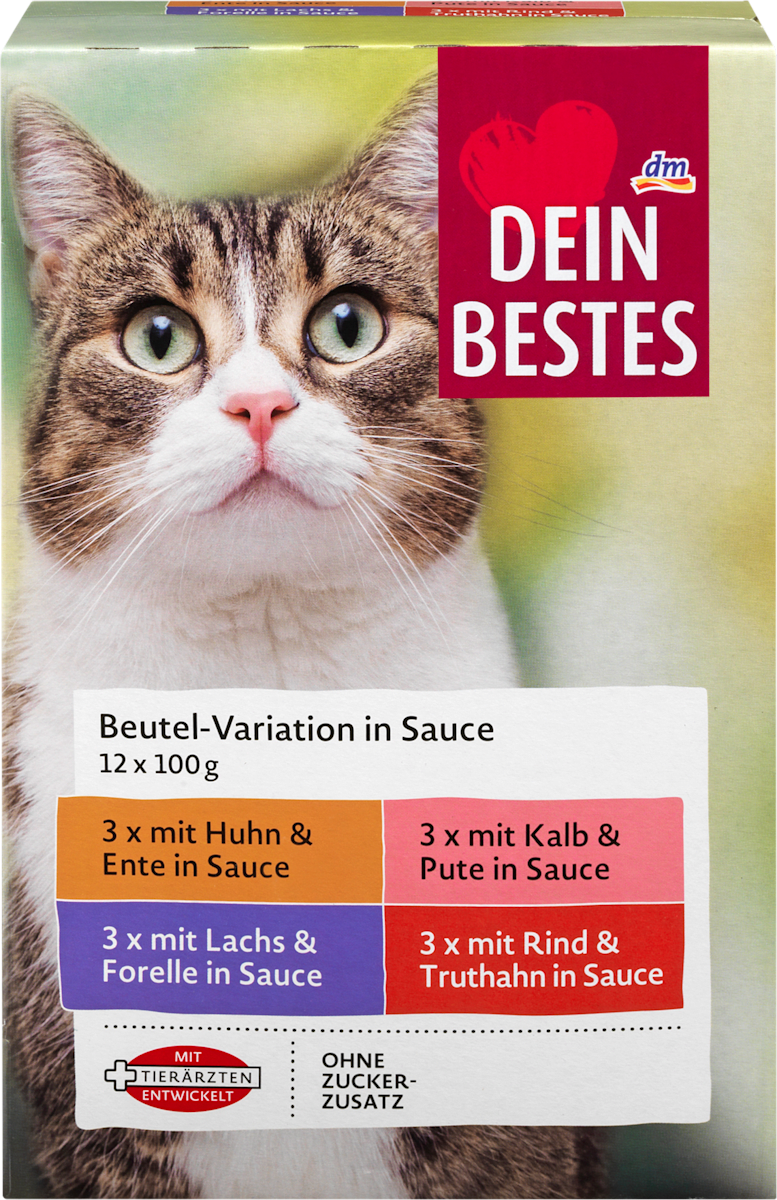 Nassfutter Katze mit Huhn, Lachs, Kalb, Rind in Sauce, Multipack (12x100  g), 1.200 g