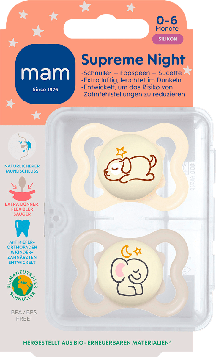 MAM Air Night Schnuller Ab 16 Monaten – Im Dunkeln Leuchtend, Mit Selbststerilisierender Box, SkinSoft Silikon, 2 Stück