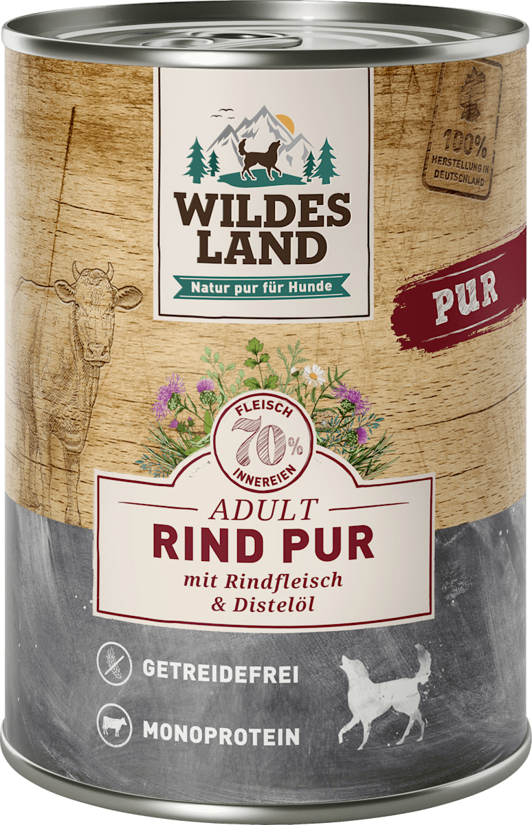 Wildes Land Nassfutter Hund Rind Pur mit Rinderfleisch und Distelöl ...