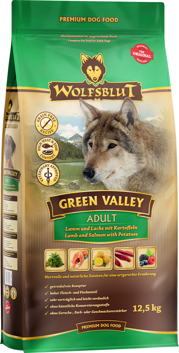 Trockenfutter Hund mit Lamm, Lachs & Kartoffel, green valley, Adult, 12,5 kg