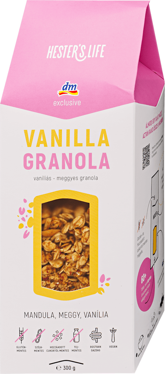 Hungary product data sample: Vaníliás-meggyes granola, gluténmentes, 300 g