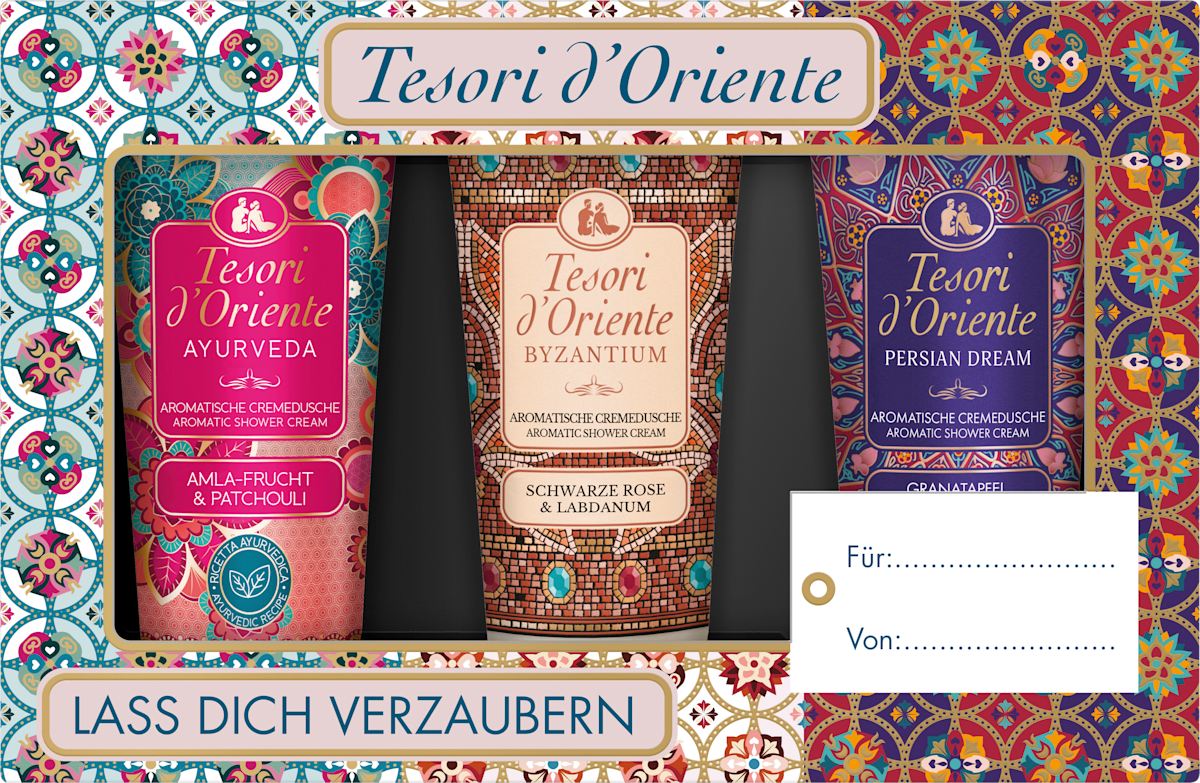 Tesori D'Oriente Ayurveda Geschenkset – Duschschaum 250ml + Duftspray 100ml + Duftkerze 109g In Box
