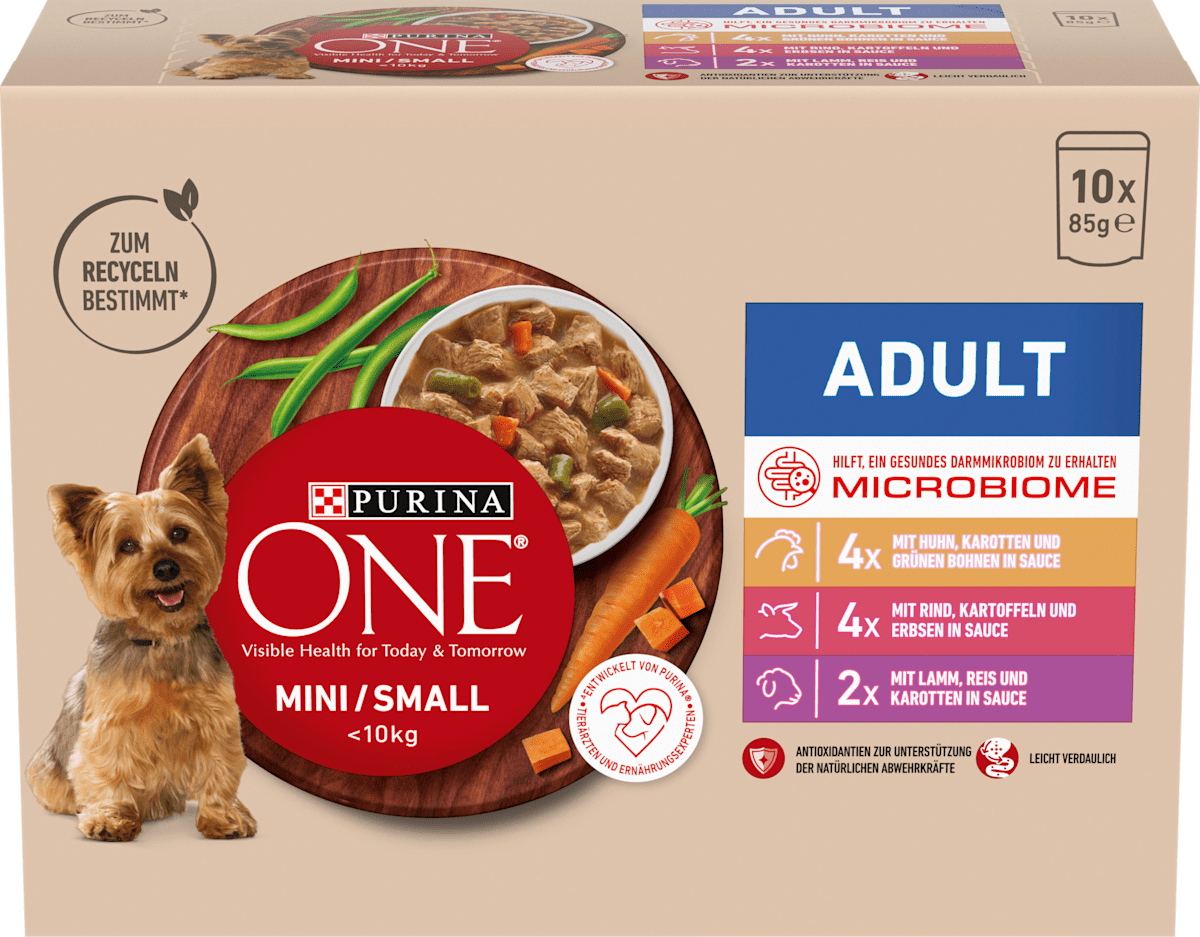 PURINA ONE Nassfutter Hund mit Huhn, Rind, Truthahn & Lamm, Mini für ...