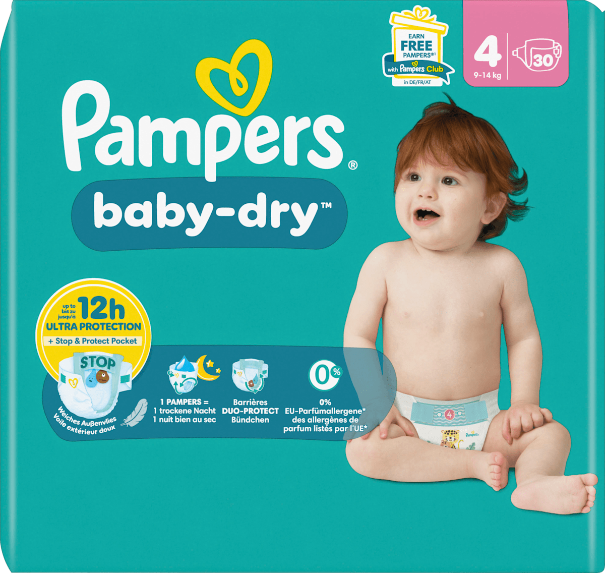 Pampers Baby Dry Windeln Größe 4 Plus – 106 Stück, Für 10–15 Kg, Dermatologisch Getestet, Bis Zu 12 Stunden Trocken