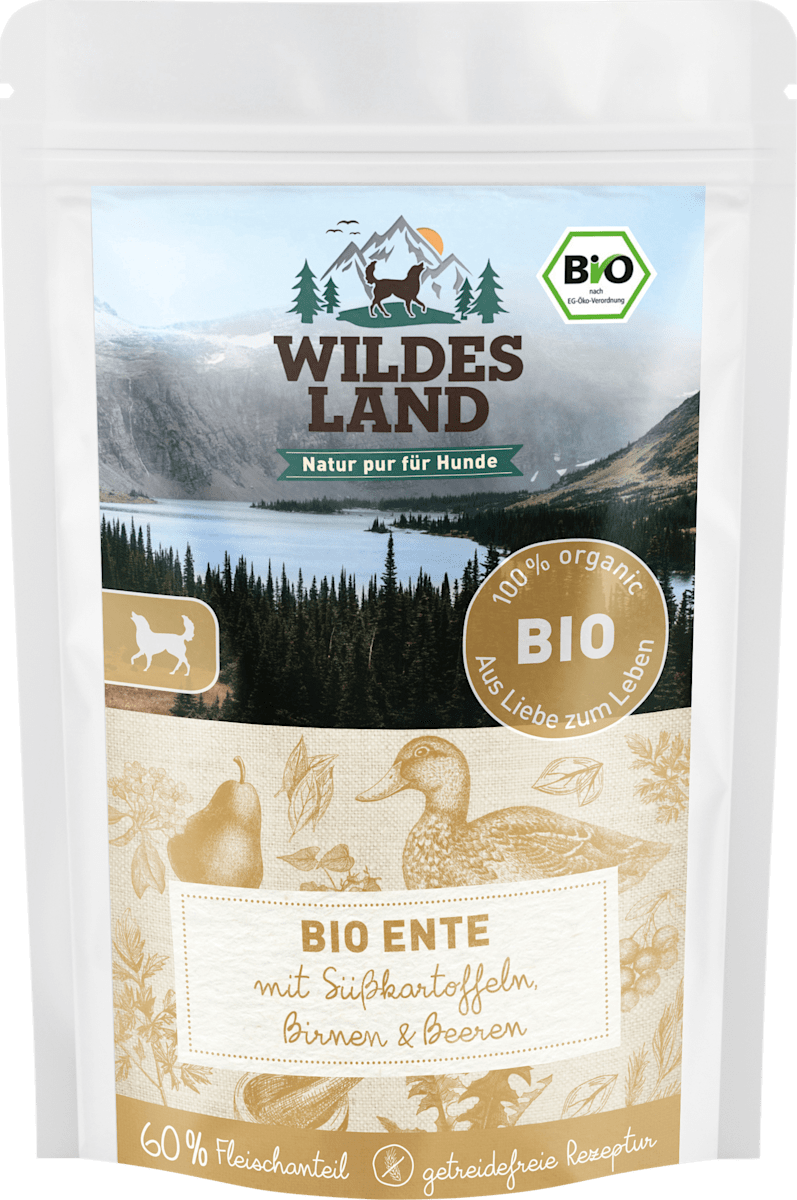 Wildes Land Hundefutter Bio Ente mit Süßkartoffeln, Birnen und Beeren ...