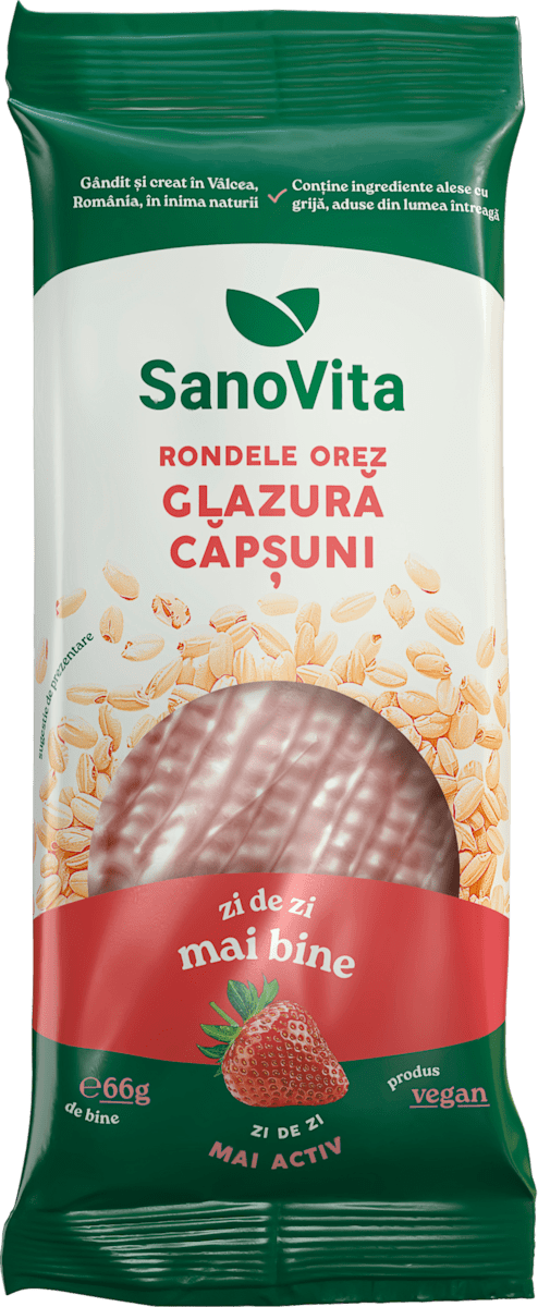 Sanovita Rondele de orez cu glazură de căpșuni, 66 g | dm.ro