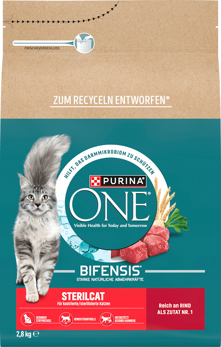 PURINA ONE Trockenfutter Katze mit Rind & Weizen, Sterilcat, Adult, 2,8 ...