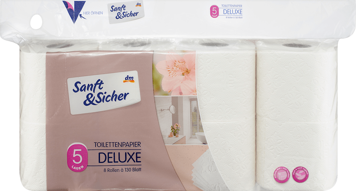 Sanft&Sicher Toilettenpapier Deluxe 5-lagig (8x130 Blatt), 8 St dauerhaft günstig online kaufen