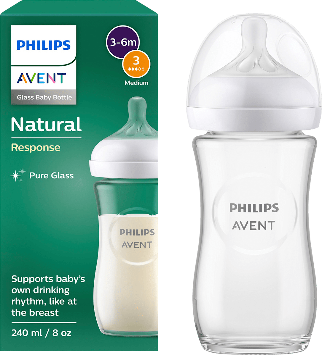 PHILIPS AVENT Babyflasche aus Glas Natural Response weiß, ab dem 3. Monat, 240ml, 1 St dauerhaft günstig online kaufen