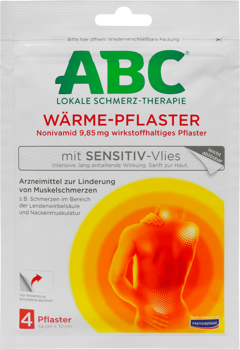 ABC Lokale Schmerz-Therapie Wärme-Pflaster mit Sensitiv-Vlies 9,85 mg Wirkstoffhaltiges Pflaster, 4 St