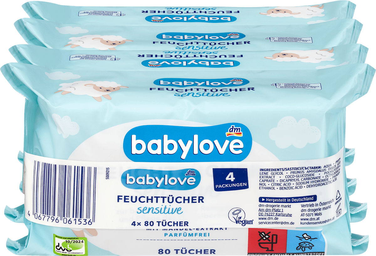babylove Șervețele umede sensitive 4x80, 320 buc | dm.ro