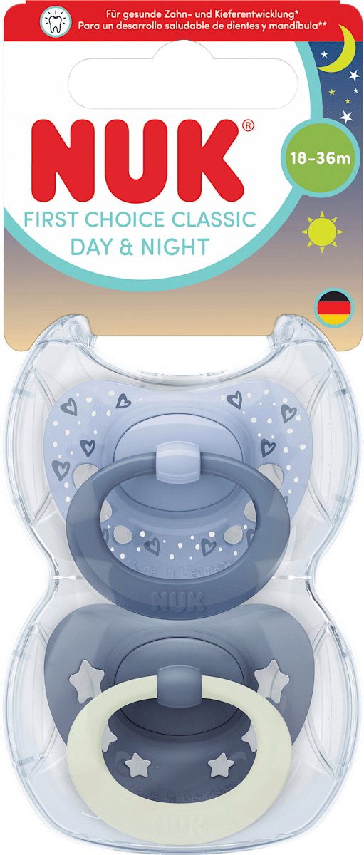 NUK First Choice Classic Night Fopspenen 6 18 Maanden Orthodontische Die Oplichten In Het Donker 95 Baby Acceptatie Blauw 2 Stuks 3404529545