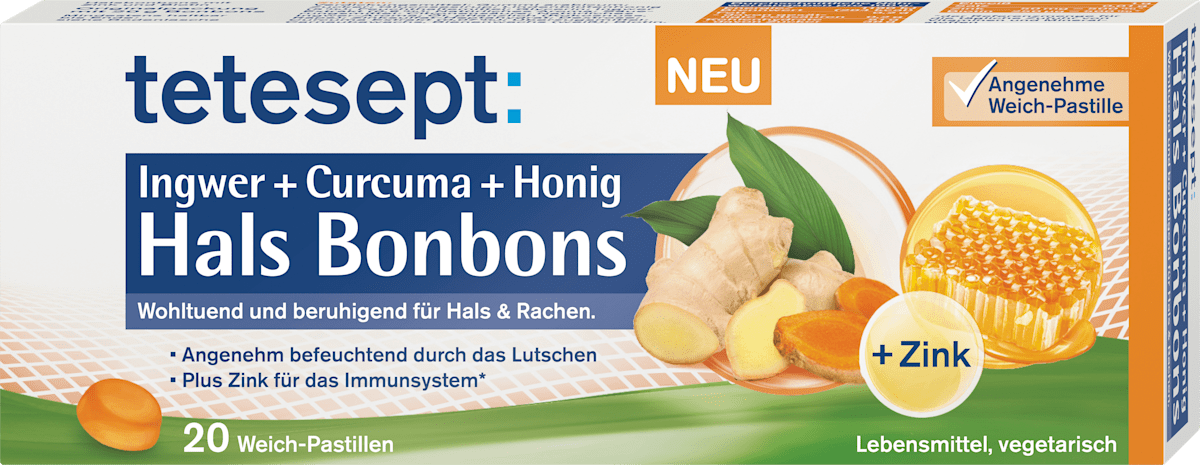 tetesept Halsbonbons Ingwer + Curcuma + Honig, 20 St | dm.at