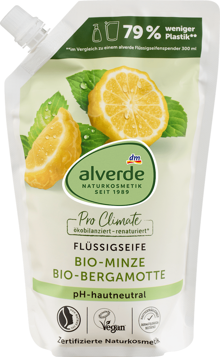 alverde NATURKOSMETIK Flüssigseife Minze, Bergamotte Nachfüllpack, 500 ...