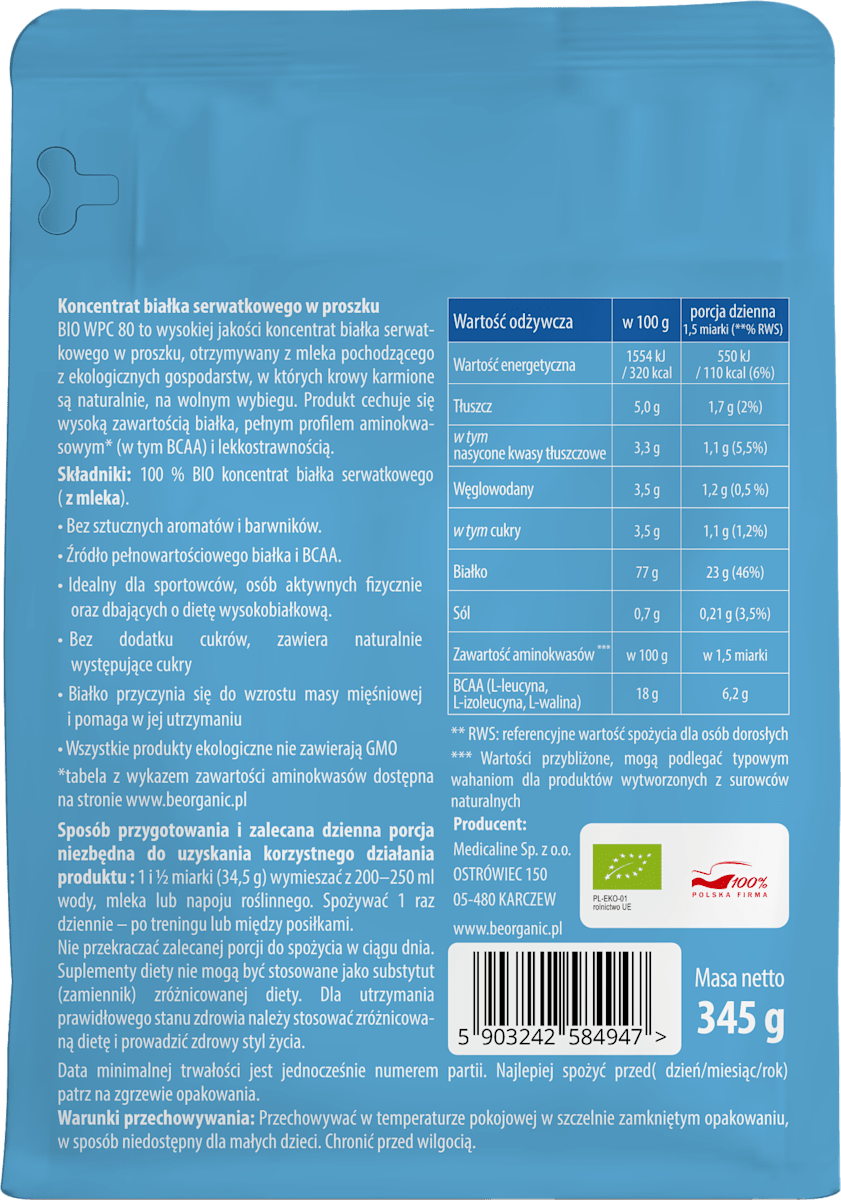 Протеин BeOrganic WPC 80 Bio, сывороточный концентрат, без вкуса, порошок, 345 г — фото 2