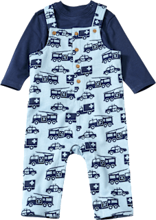 Set mit Latzhose mit Einsatzfahrzeug-Muster & Langarmshirt, blau, Gr. 80, 1 St