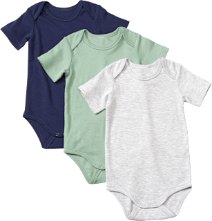 Bodys Kurzarm, grau + grün + blau, Gr. 74/80 ALANA