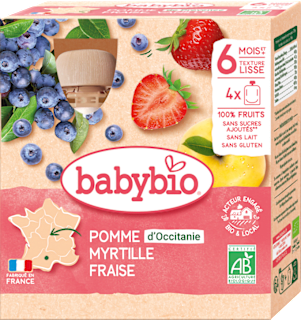 bio příkrm v sáčku jablko, jahoda a borůvka 4x90 g babybio