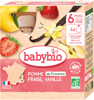 bio příkrm v sáčku jablko, jahoda a vanilka 4x90 g babybio