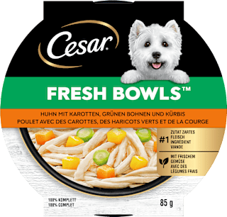 Nassfutter Hund mit Huhn, Karotten & Bohnen, fresh bowls Cesar