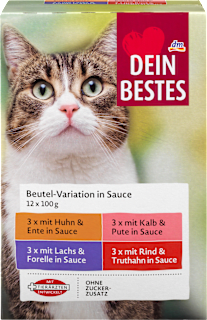 Nassfutter Katze mit Huhn, Lachs, Kalb, Rind  in Sauce, Multipack (12x100 g) Dein Bestes