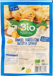 Bio tortelini iz pirinega zdroba s polnilom iz rikote in špinače dmBio