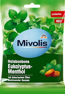 Bonbóny na hrdlo eukalyptus mentol Mivolis