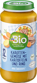 BIO příkrm mrkev, brambory, hovězí maso, pórek & hrášek dmBio