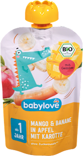 Bio sadna kašica z mangom, banano, jabolkom in korenjem babylove