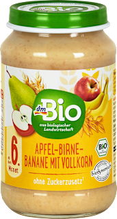Bio sadna kašica iz jabolk, hrušk in banan s polnozrnatimi žitnimi kosmiči dmBio