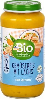 Bio zelenjavni pripravek z rjavim rižem in lososom, od 12. meseca dmBio