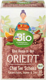 Herbata czekoladowy czaj Podróż do Orientu, łupiny kakaowca, imbir & cynamon (20 x 2 g) dmBio