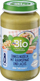 Makaron orkiszowy ze szpinakiem i łososiem, od 8. miesiąca życia dmBio