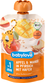 Quetschie Apfel & Mango in Pfirsich mit Hafer recyclebar ab 1 Jahr babylove