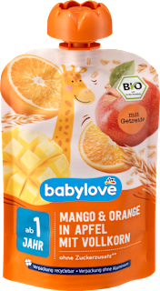 Mus jabłko, mango, pomarańcza, z pełnoziarnistymi zbożami, od 1. roku życia babylove