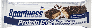 Fehérjeszelet 50% fehérjével, sztracsatella-kakaó ízű, ropogós darabkákkal, maltit-csokoládébevonattal, édesítőszerekkel Sportness