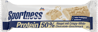 Fehérjeszelet 50% fehérjével, fehércsokoládé ízű, ropogós darabkákkal, fehér maltit-csokoládé bevonattal, édesítőszerekkel Sportness