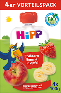 Hippis EKO voćni pire – jabuka s bananom i jagodom, 1+ g., 4 x 100 g HiPP
