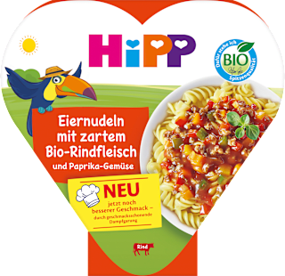 Kinderteller Eiernudeln mit Paprika-Gemüse und zartem Rindfleisch ab 1 Jahr HiPP