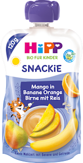 ORGANIC SNACKIE voćni pire - mango, banana, pomorandža sa pirinčanim brašnom, od 1. godine HiPP