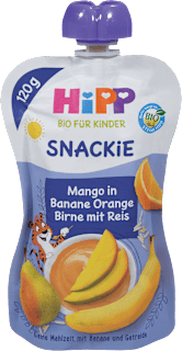 Bio sadni žepek Snackie z okusom manga, banane, pomaranče in hruške z rižem HiPP